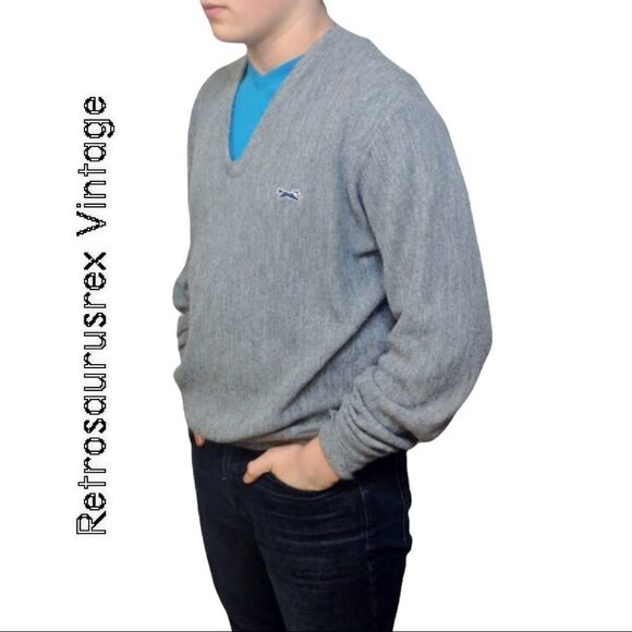VINTAGE 1960's grey fox collection hipster pullover V neck sweater, size XL - Picture 5 of 6